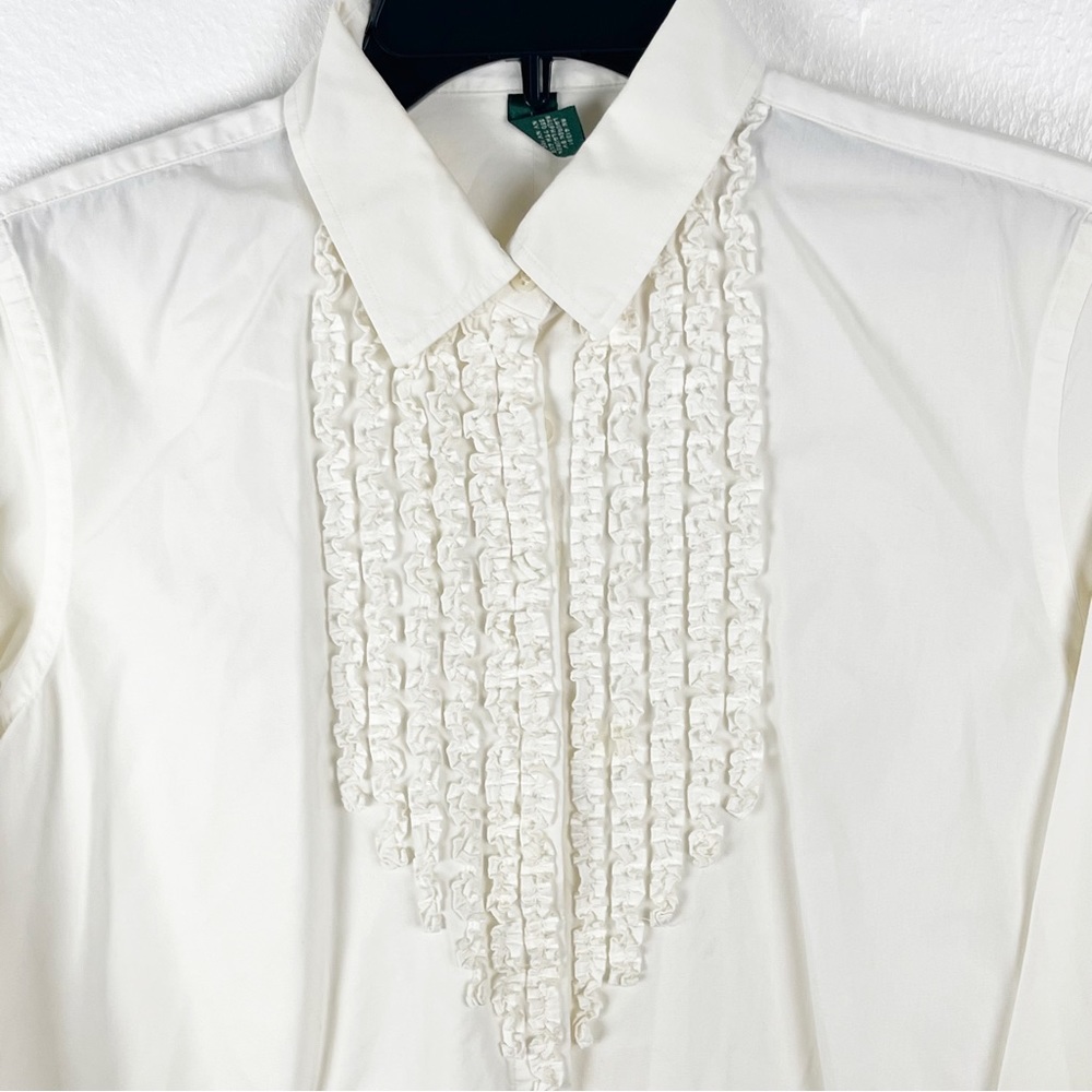 LAUREN RALPH LAUREN 100% Cotton Front Ruffle Button Long Sleeves Top Large - Picture 6 of 9